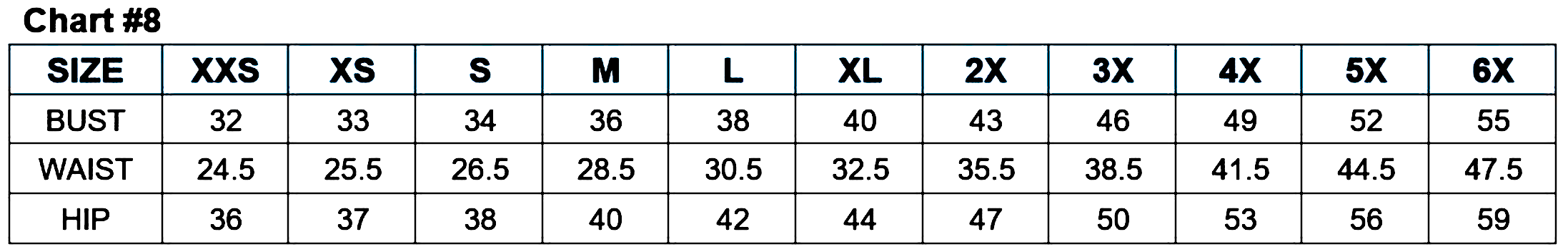Sizing chart displaying bust, waist, and hip measurements for sizes XXS to 6X.