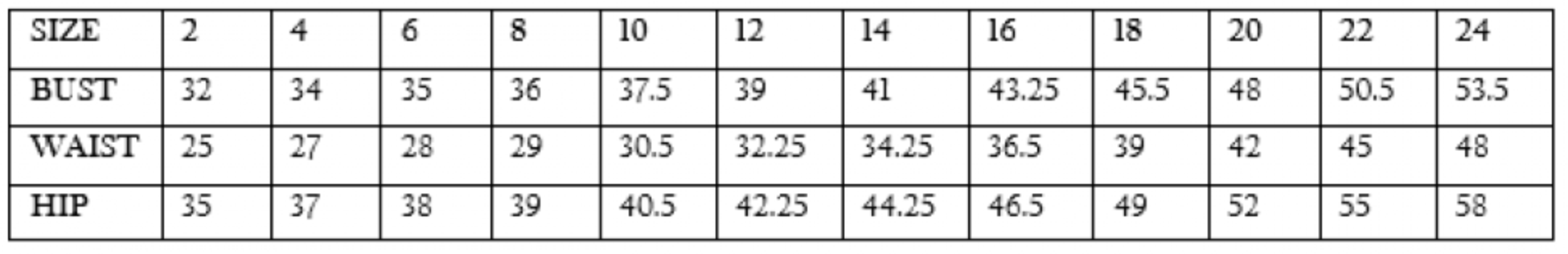Size chart for dresses, showing measurements for bust, waist, and hip from size 2 to 24.