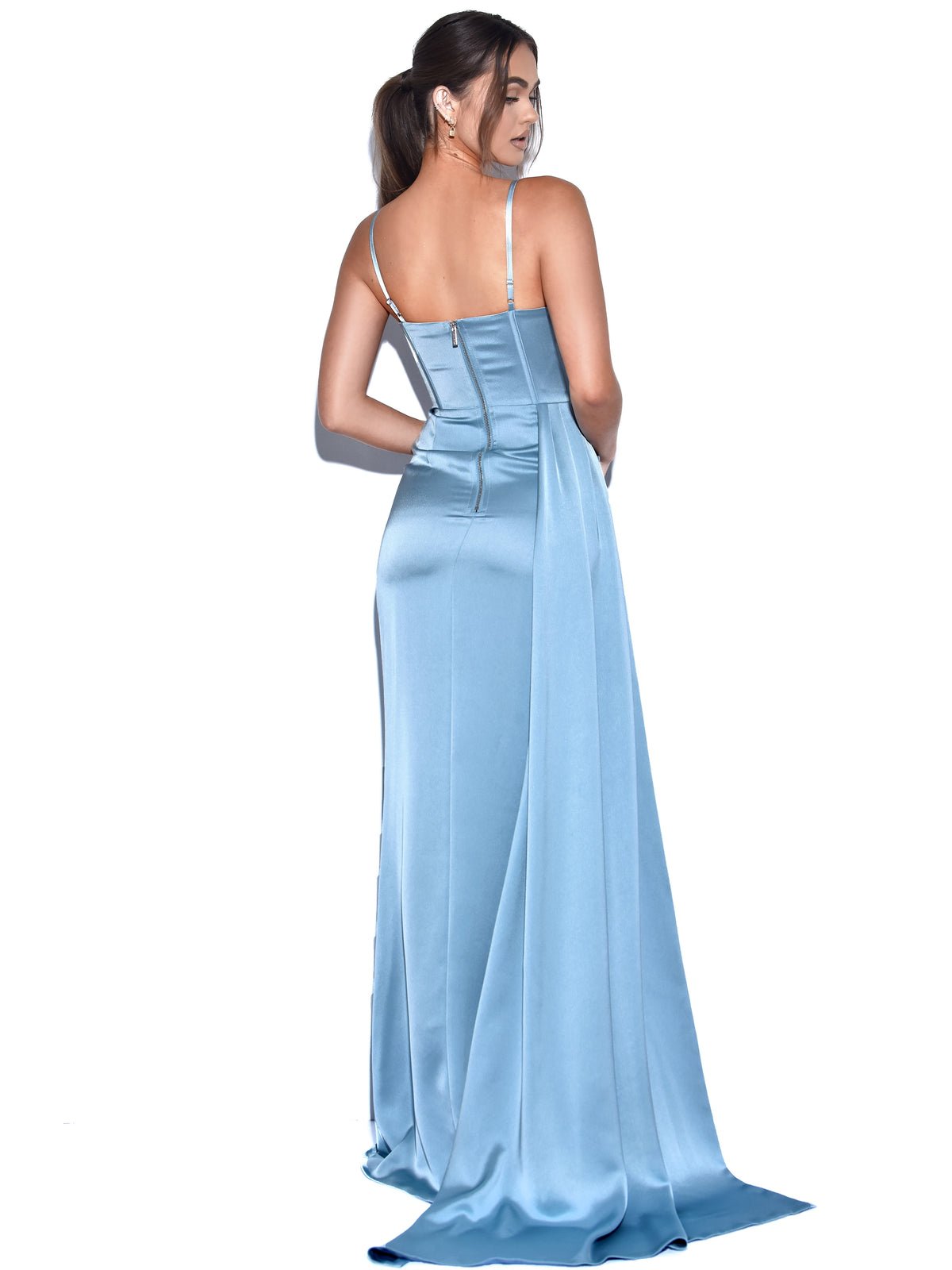 MC Chic ELAYNA Pale Blue Satin Corset Bustier Leg Split Formal Dress in Australia | One Honey Boutique