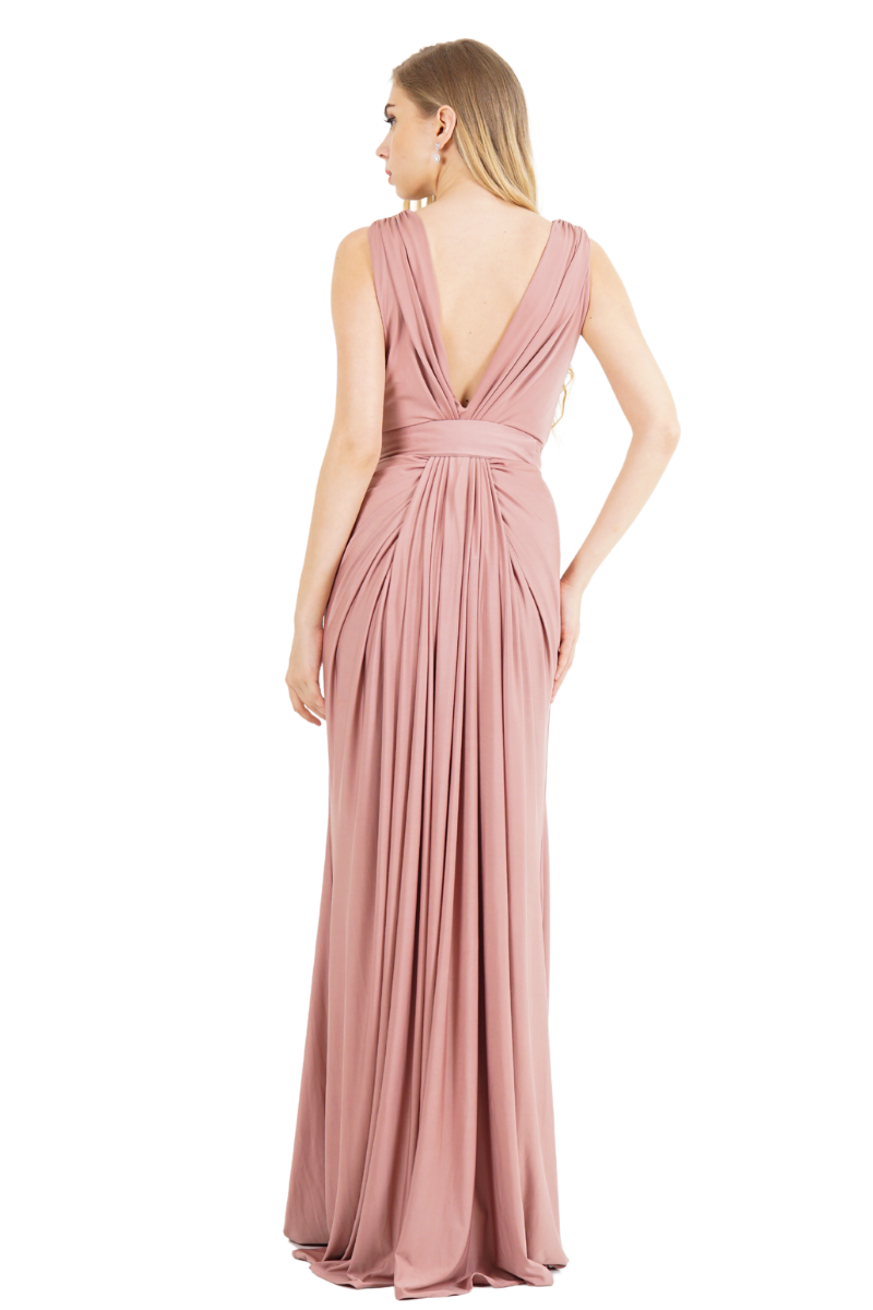 Pia Gladys Perey JESSA Bridesmaid Maxi Dress with V-back and cascading drape, perfect for elegant occasions. Brisbane to Gold Coast.