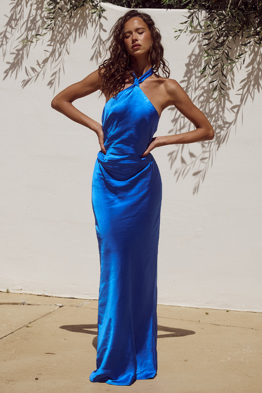 Runaway The Label KEALORA Bridesmaids Semi Formal Maxi Dress with halter neck and diamond-shaped silhouette, evening gown. Brisbane to Gold Coast.
