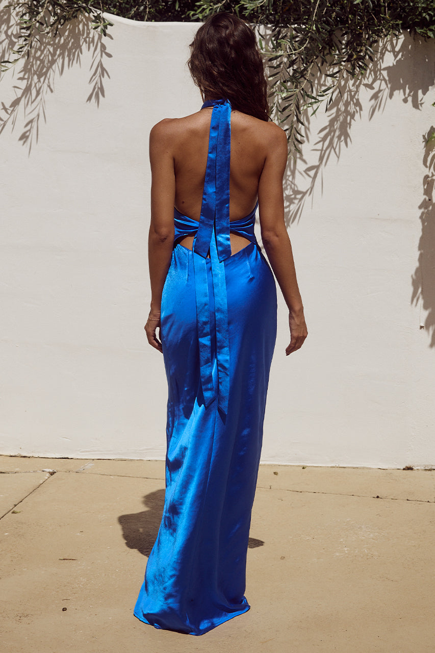 RUNAWAY THE LABEL KEALORA bridesmaid dress with halter neck and open back, semi-formal maxi style, Brisbane to Gold Coast, Australia.