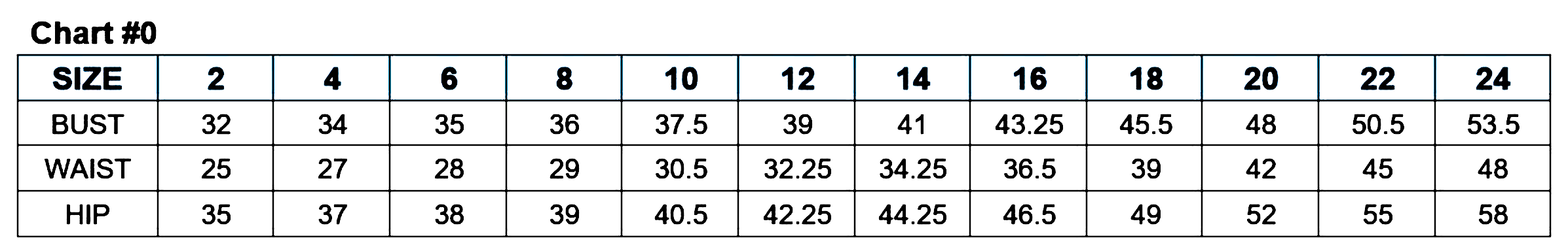 Size chart showing bust, waist, and hip measurements for sizes 2 to 24.