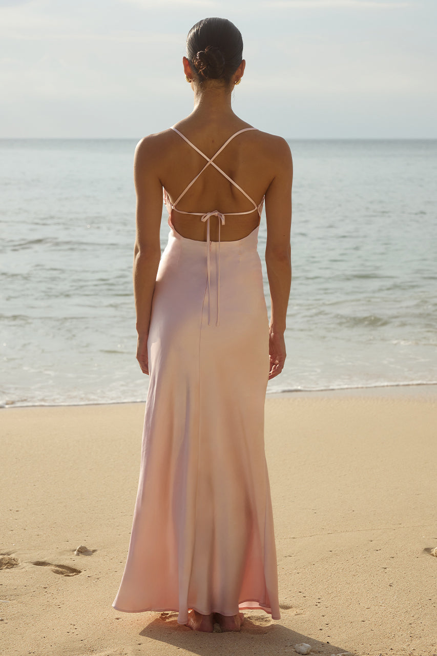Runaway The Label Lucienne dress with open back tie detail, perfect maxi bridesmaid dress on a beach, Brisbane to Gold Coast.