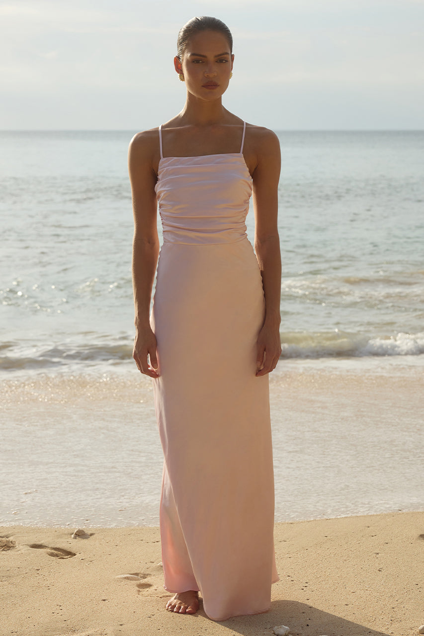 Runaway The Label Lucienne Maxi Dress with ruched bust and open back, perfect bridesmaids dress, beach setting, Brisbane to Gold Coast.