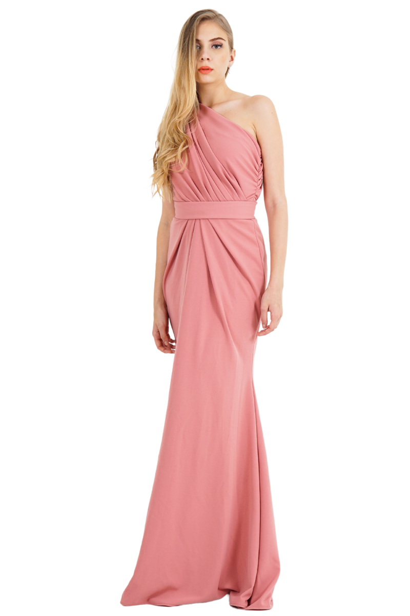 Pia Gladys Perey LANA Silk Jersey dress with asymmetric one-shoulder draped bodice, mermaid style. Bridesmaid dress, Brisbane to Gold Coast, Australia.