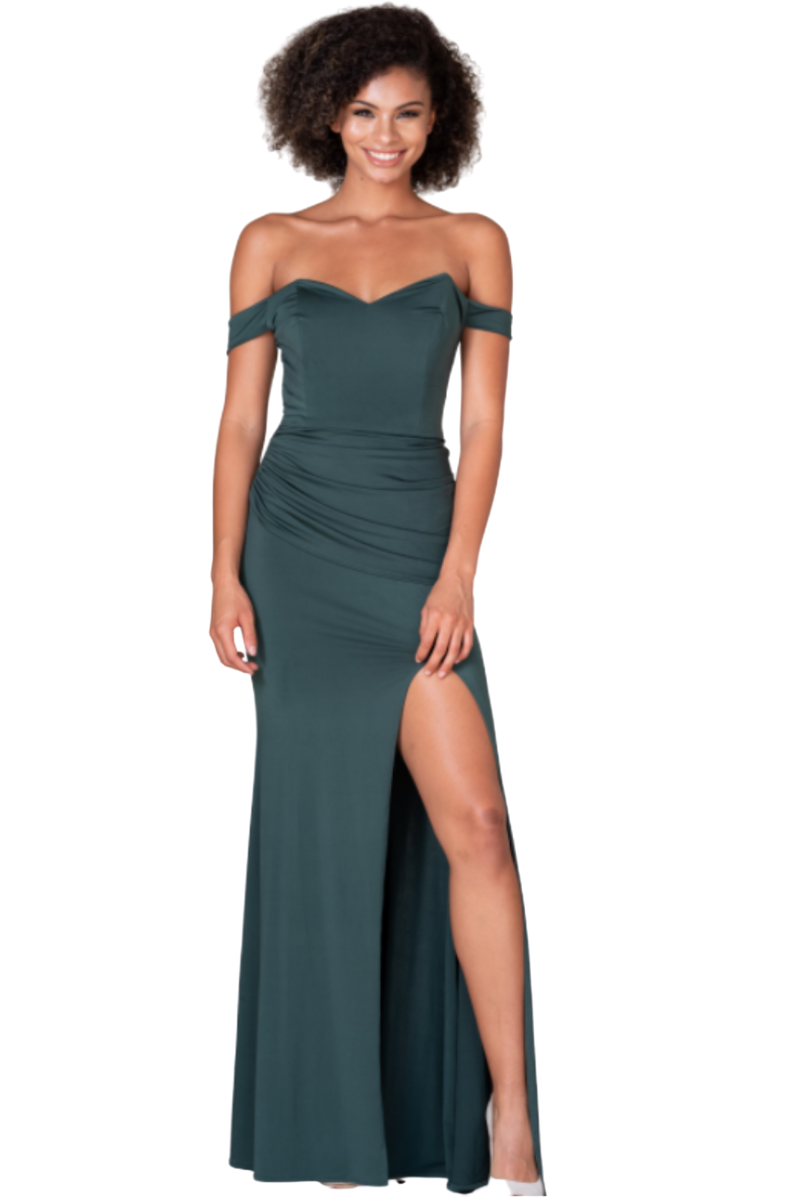 LAURA Silk Jersey Off Shoulder Mermaid Bridesmaid Dress with sweetheart neckline and hip draping, Brisbane to Gold Coast