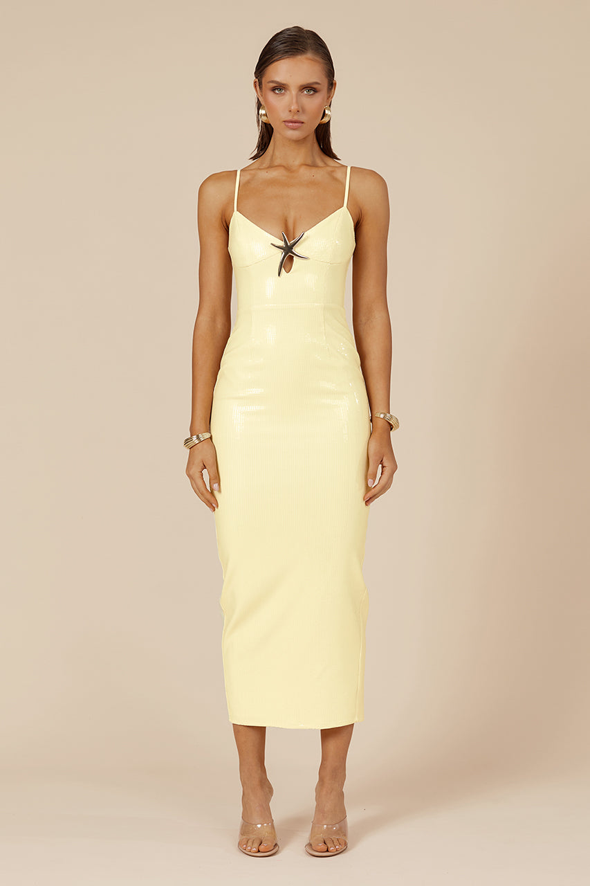 Runaway The Label BENITO Sequin Midi Dress, featuring a chic cut-out detail and starfish brooch. Semi-formal dress from Brisbane to Gold Coast.