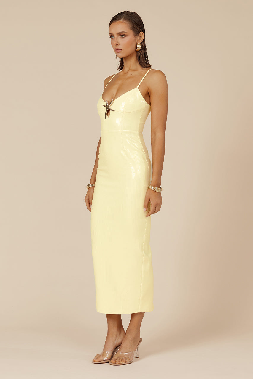 RUNAWAY THE LABEL BENITO Sequin Midi Dress with starfish brooch and cut-out design, semi-formal attire from Brisbane to Gold Coast, Australia.