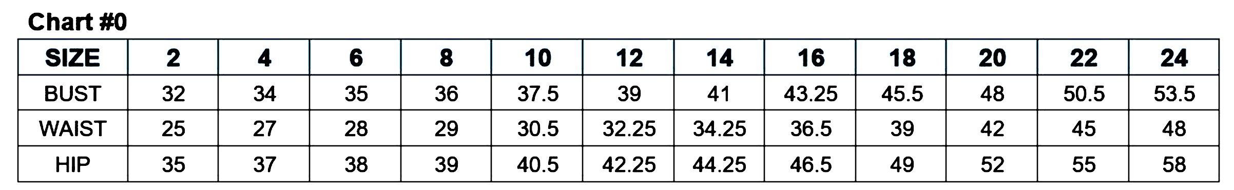 Size chart for women's dresses with bust, waist, and hip measurements from sizes 2 to 24.