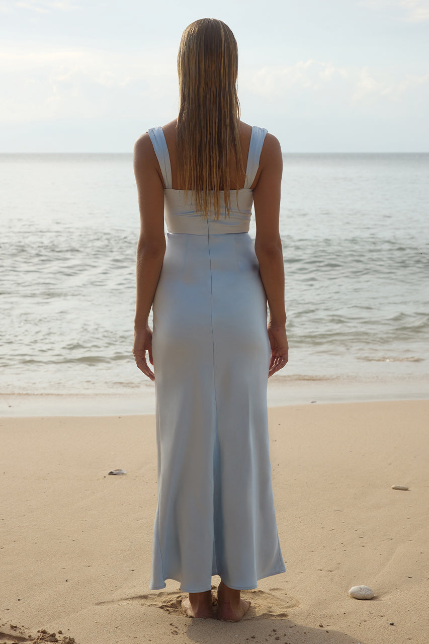 Runaway The Label MARGOT Bridesmaids Maxi Dress with draped cowl neckline, semi formal silhouette on beach, Brisbane to Gold Coast.