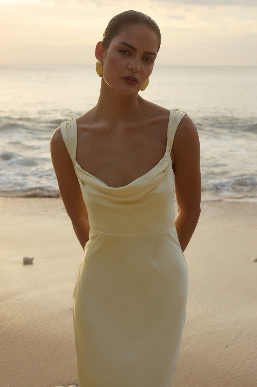 RUNAWAY THE LABEL MARGOT Bridesmaids Semi Formal Maxi Dress, draped cowl neckline, maxi silhouette, Brisbane to Gold Coast, Australia.