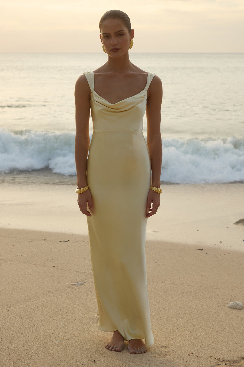 RUNAWAY THE LABEL MARGOT slip-inspired bridesmaids maxi dress with draped cowl neckline on a beach, Brisbane to Gold Coast, Australia.