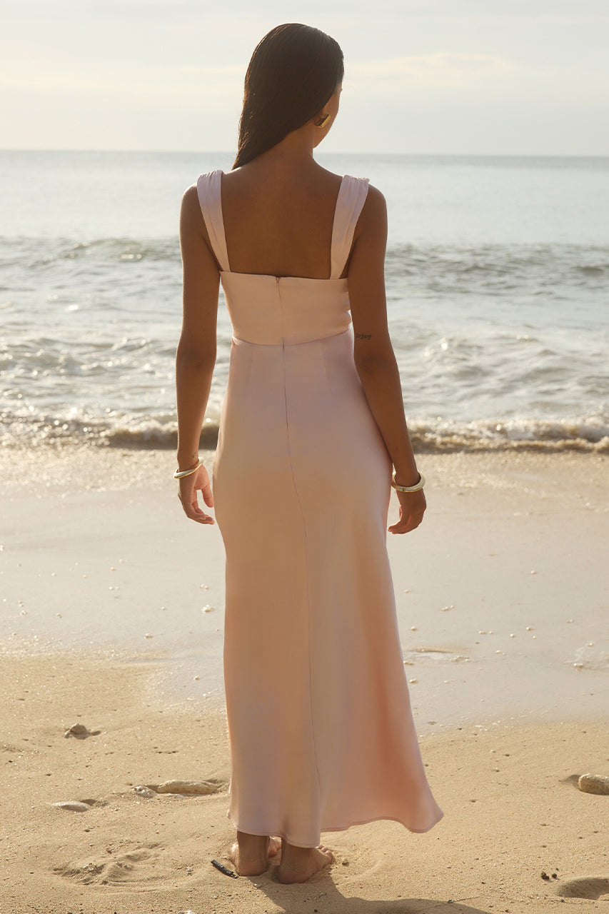 RUNAWAY THE LABEL MARGOT dress with draped cowl neck, semi formal maxi, beach backdrop, Brisbane to Gold Coast, Australia.