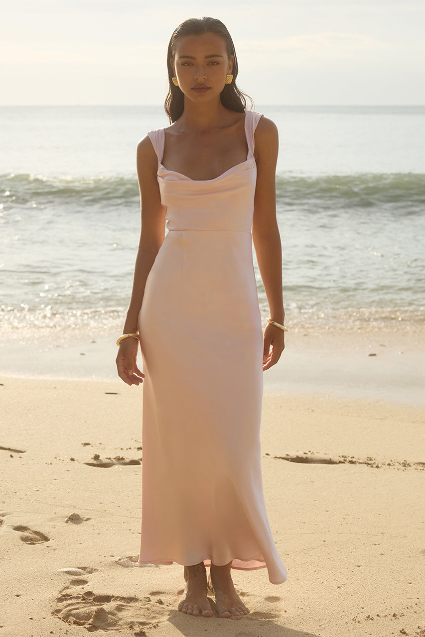 Runaway The Label MARGOT bridesmaids semi formal maxi dress with draped cowl neckline, elegant slip design, beach setting. Brisbane to Gold Coast.