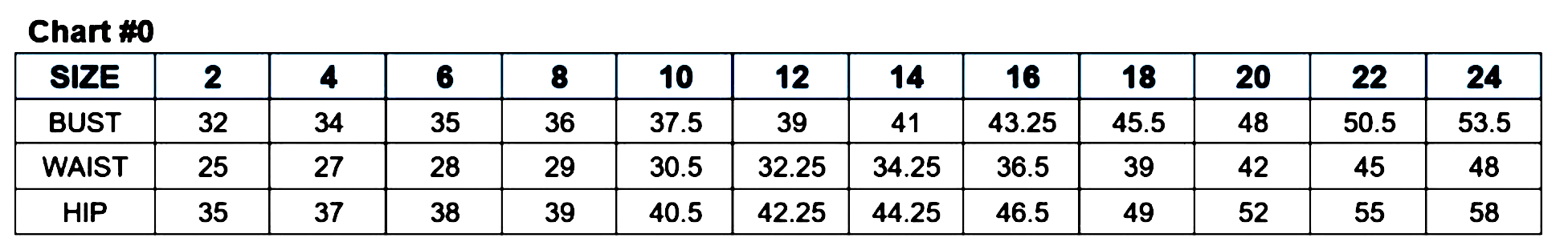 Size chart with measurements for bust, waist, and hip from size 2 to 24, displaying numerical values for each size increment.