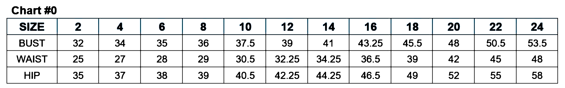 Women's clothing size chart showing measurements for bust, waist, and hip in sizes 2 to 24.