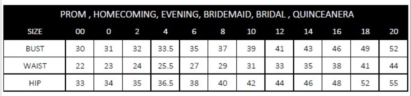 Size chart for prom, homecoming, evening, bridesmaid, bridal, quinceañera dresses showing bust, waist, and hip measurements for sizes 00 to 20.