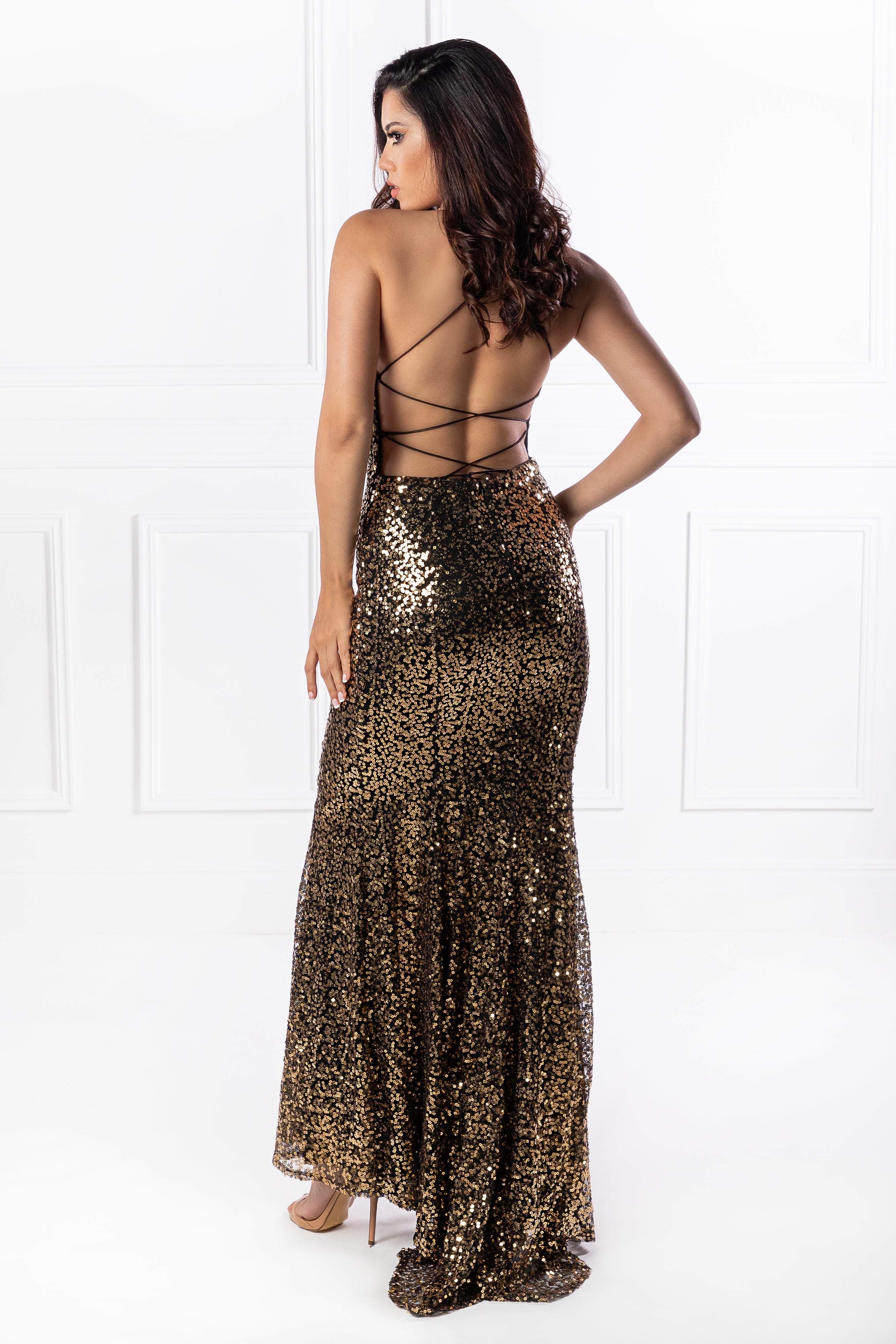 The NIKEETA Black & Gold Sequin Corset Back Mermaid Formal Gown {vendor} AfterPay Humm ZipPay LayBuy Sezzle