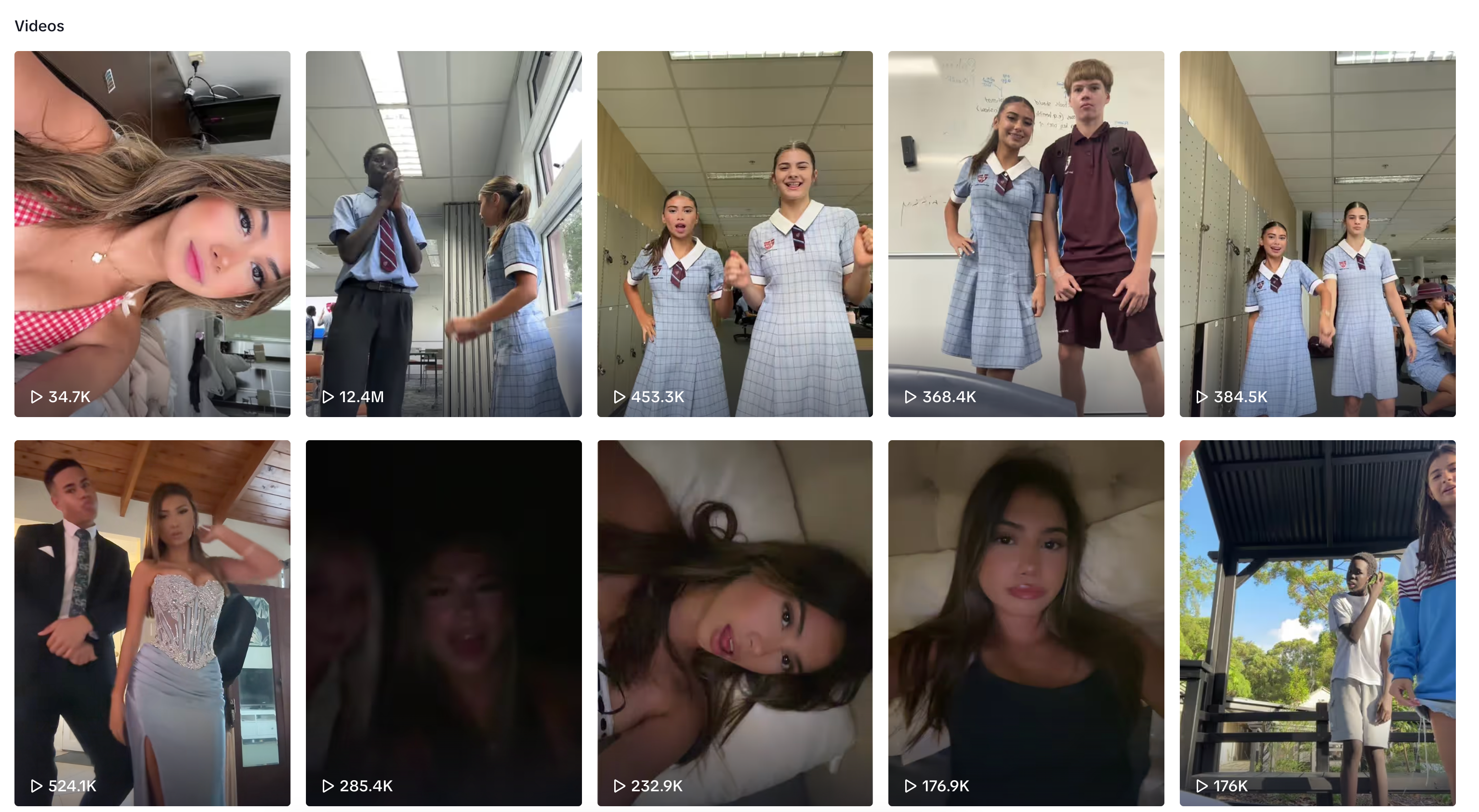 Grid of TikTok video thumbnails showing various people in different settings and clothing styles.