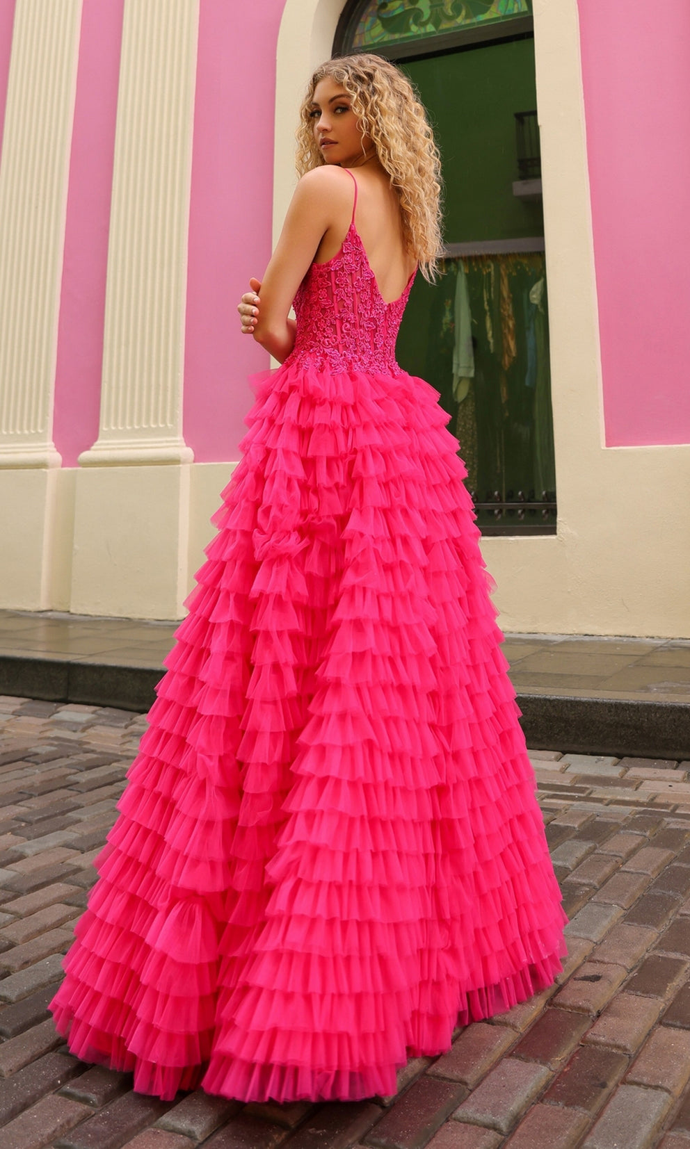 DANAE Hot Pink Tiered Ruffled Slit Ball Gown School Formal & Prom Dress