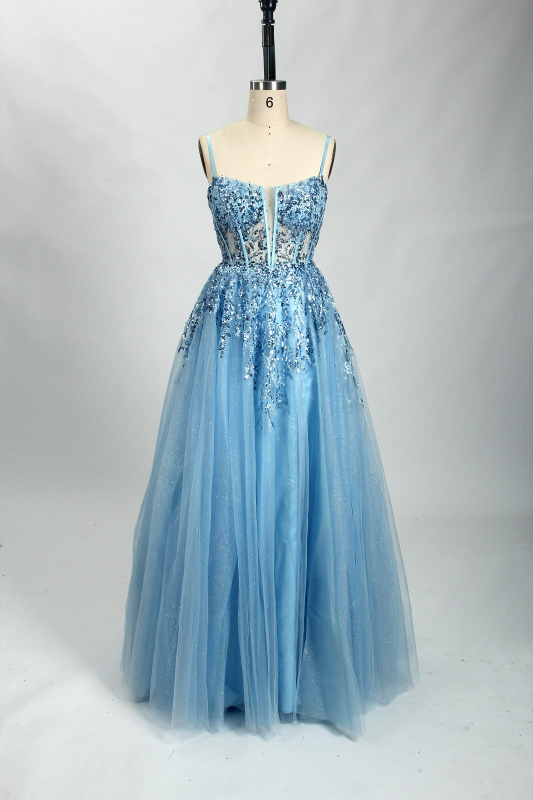 Honey Couture PANDORA Tulle Bustier Ball Gown, Australian Designer Prom Dress in blue lace appliqué, elegant evening gown style.