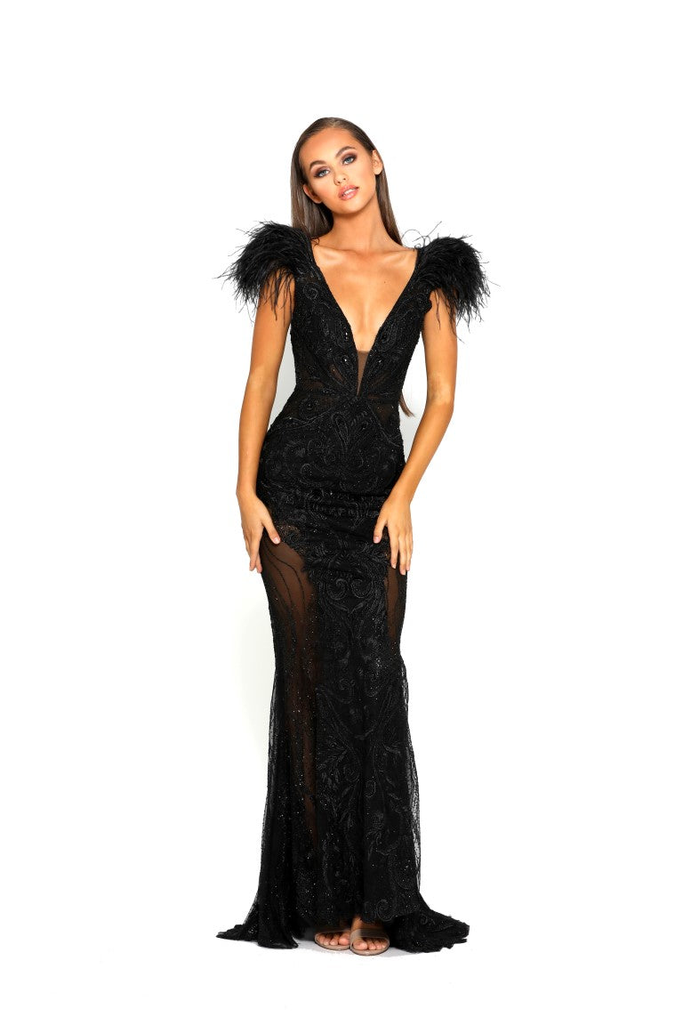 PORTIA & SCARLETT FUFU GOWN with black feather shoulders and mesh side panels. Perfect formal gown, available from Brisbane to Gold Coast.