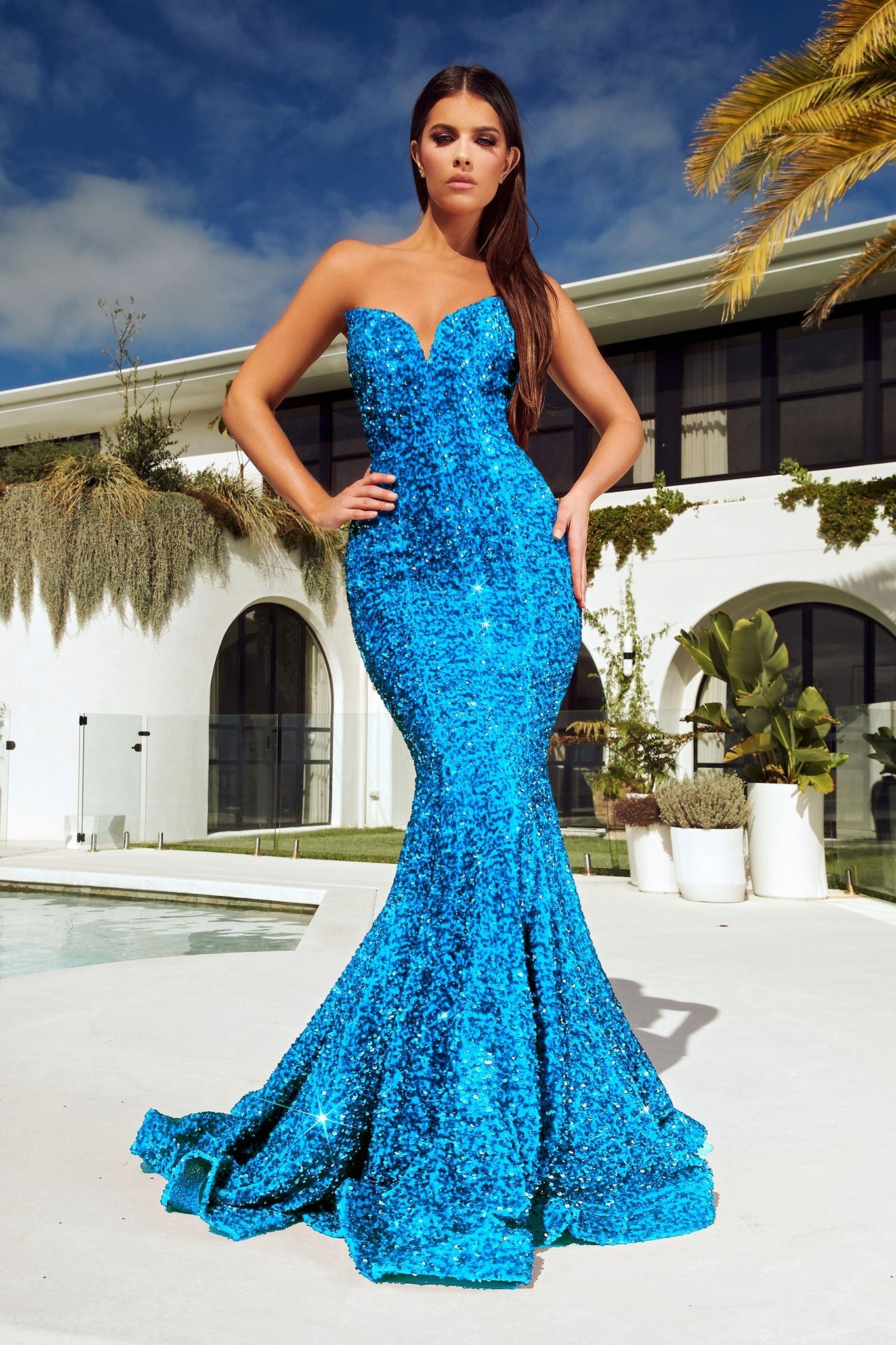 PORTIA & SCARLETT PS21208 strapless turquoise sequin mermaid gown, perfect for formal occasions, Brisbane to Gold Coast, Australia.