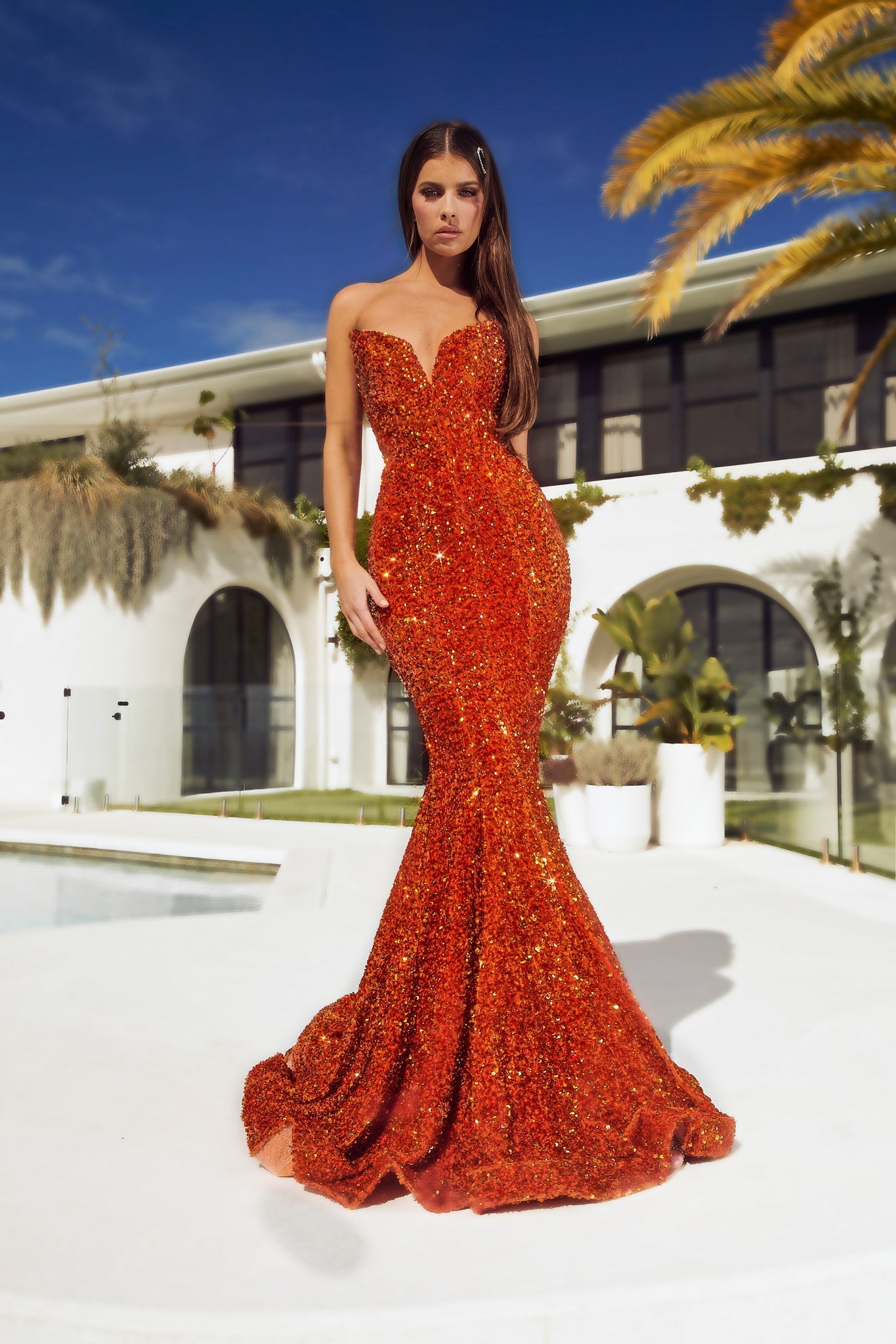 Portia & Scarlett PS21208 Burnt Orange Strapless Sequin Mermaid Formal Gown