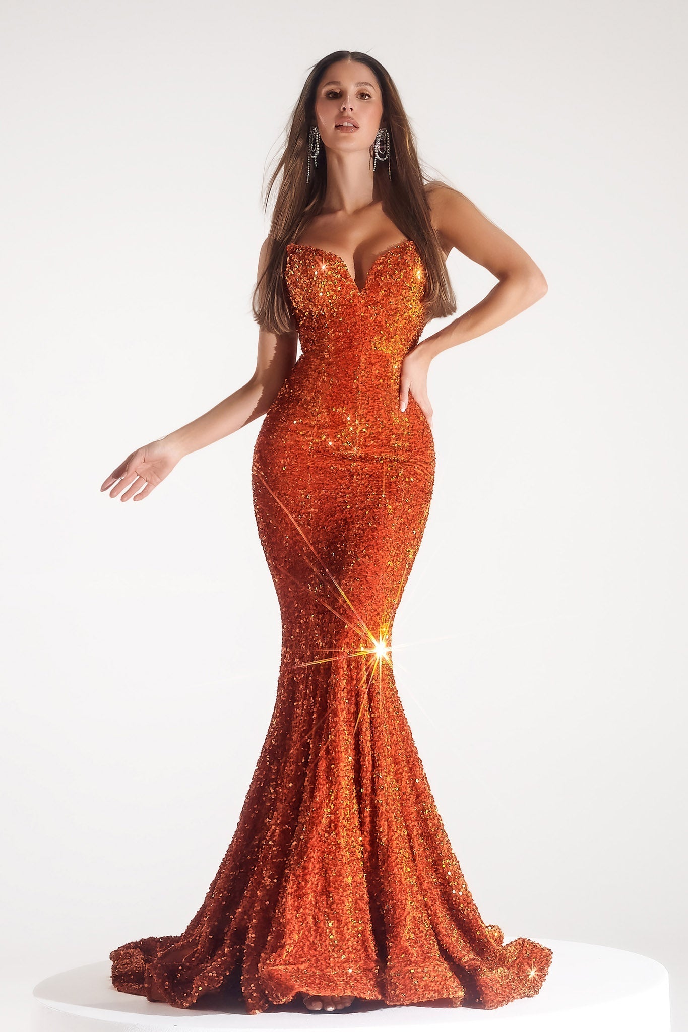 PS21208 Burnt Orange sequin mermaid formal gown with strapless design, evening wear fashion. Brisbane to Gold Coast, Australia.