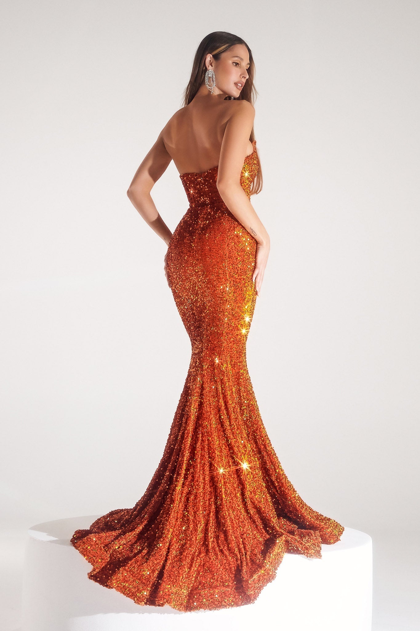 PORTIA & SCARLETT PS21208 Burnt orange strapless sequin mermaid gown. Perfect for formal occasions. Brisbane to Gold Coast, Australia.