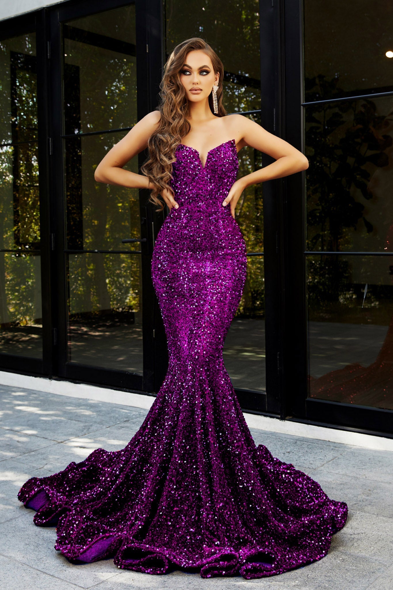PORTIA & SCARLETT PS21208 grape strapless sequin mermaid formal gown with a luxurious sequin finish. Perfect for formal occasions. Brisbane to Gold Coast.