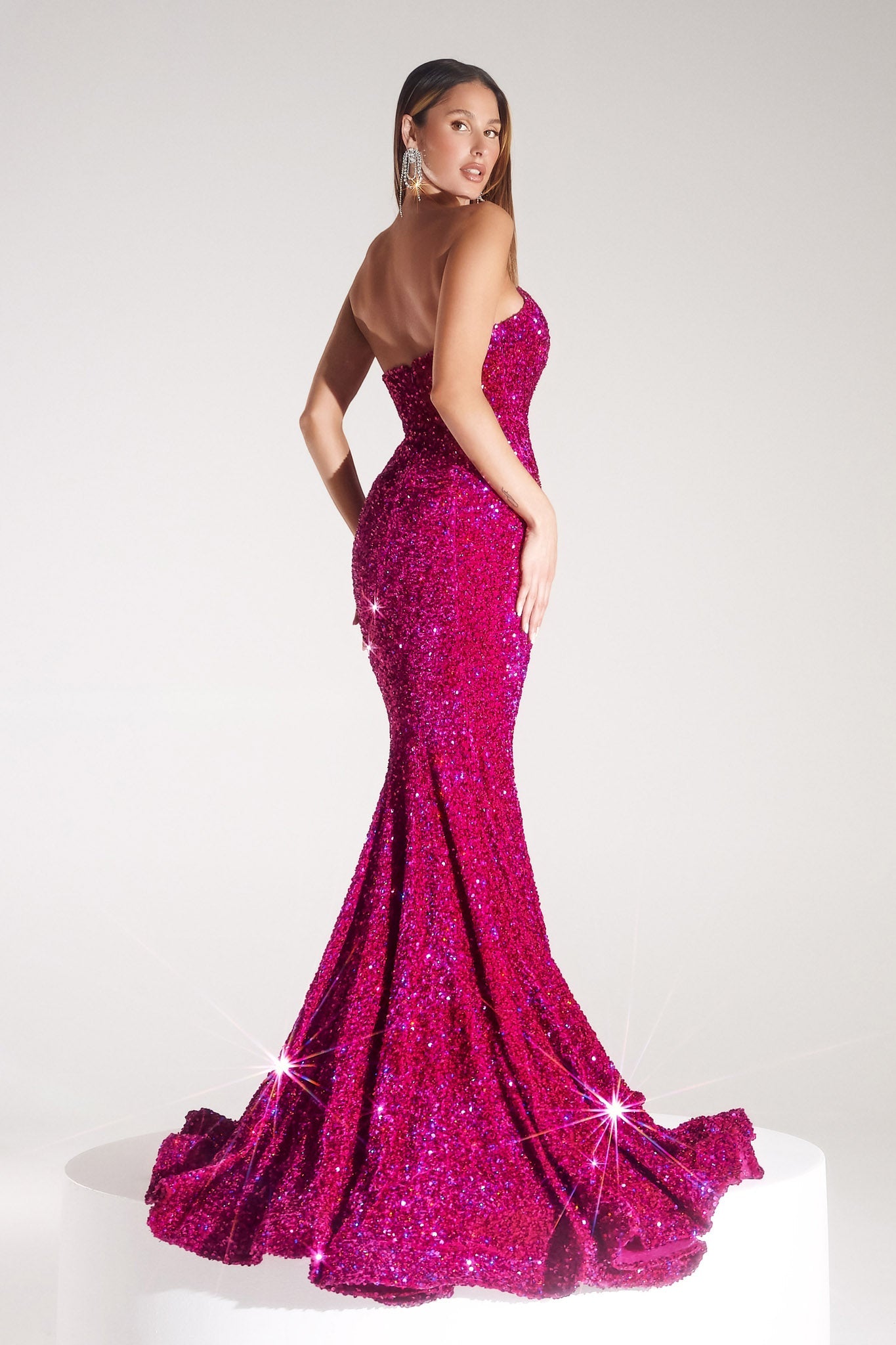PORTIA & SCARLETT PS21208 Magenta Strapless Sequin Mermaid Evening Gown, elegant and shimmering with iridescent sequins, Brisbane to Gold Coast.