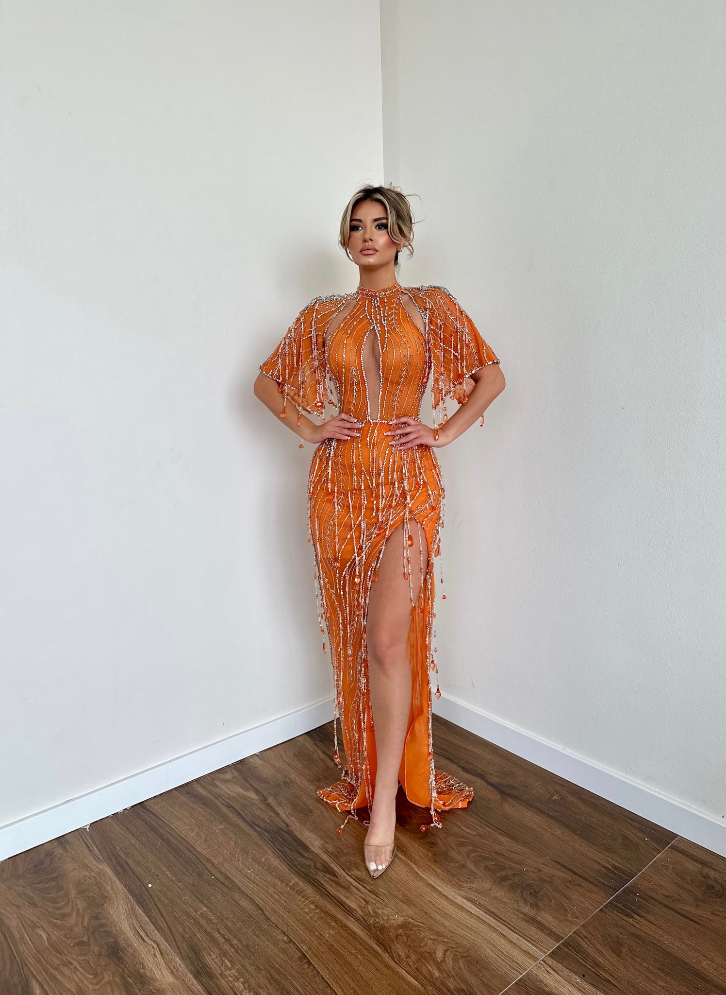 MINNA Fashion NARA Orange Crystal and Beaded Cut Out Detail Mermaid Formal Dress