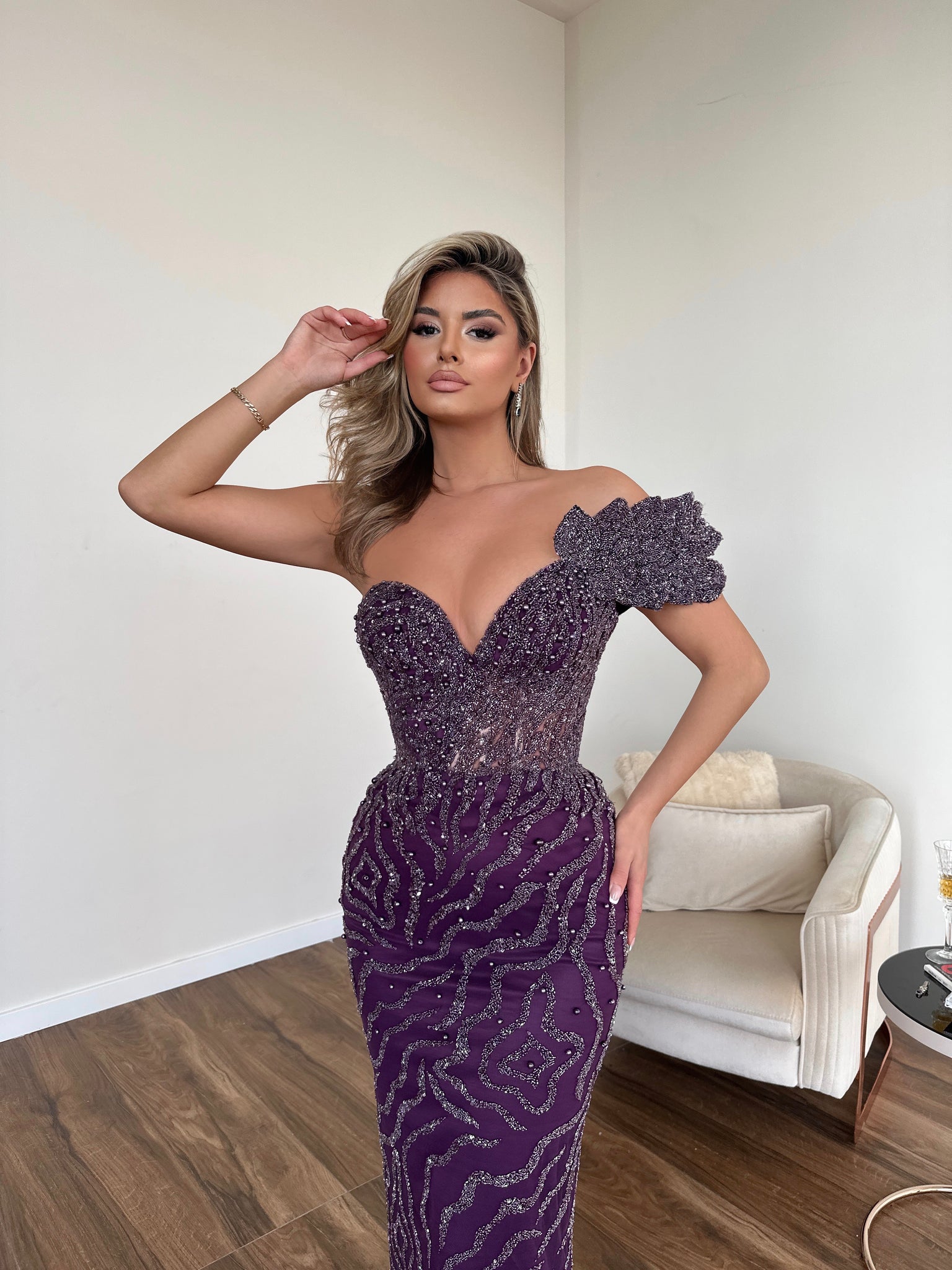 MINNA Fashion ENORA purple sequined one-shoulder mermaid formal dress with sweetheart neckline. Evening gown, Brisbane to Gold Coast.