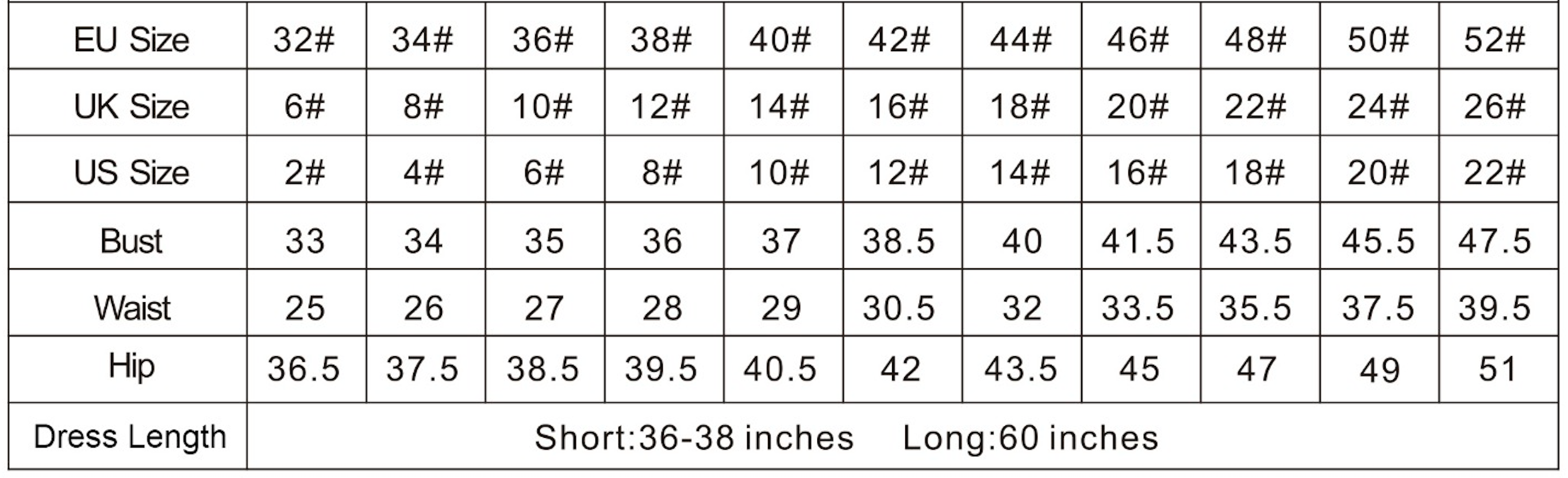 Size chart for Honey Couture dresses, showing EU, UK, US sizes and measurements for bust, waist, hip, and dress length options.