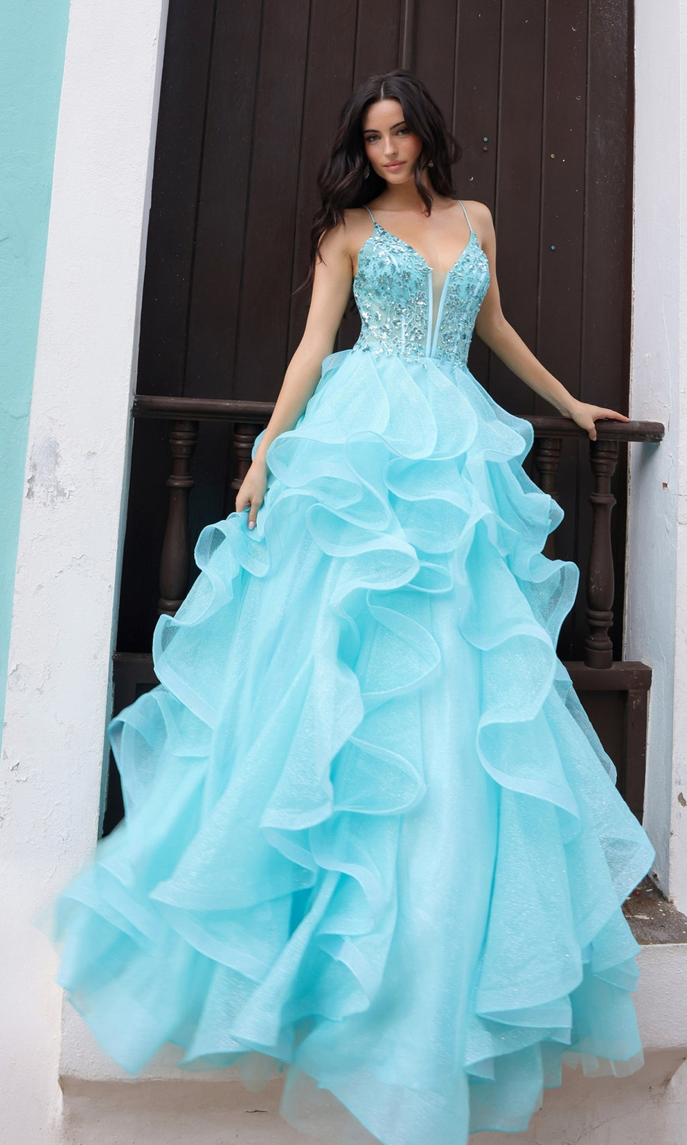KAROLINA Aqua Blue Tulle Frilly Corset Back Ball Gown School Formal & Prom Dress