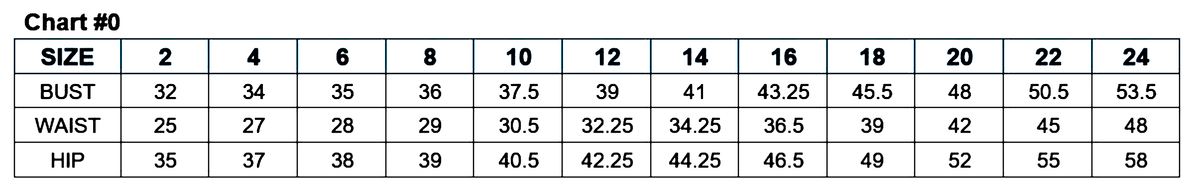 Size chart for women's formal dress, showing measurements for size 2 to 24 including bust, waist, and hip in inches.
