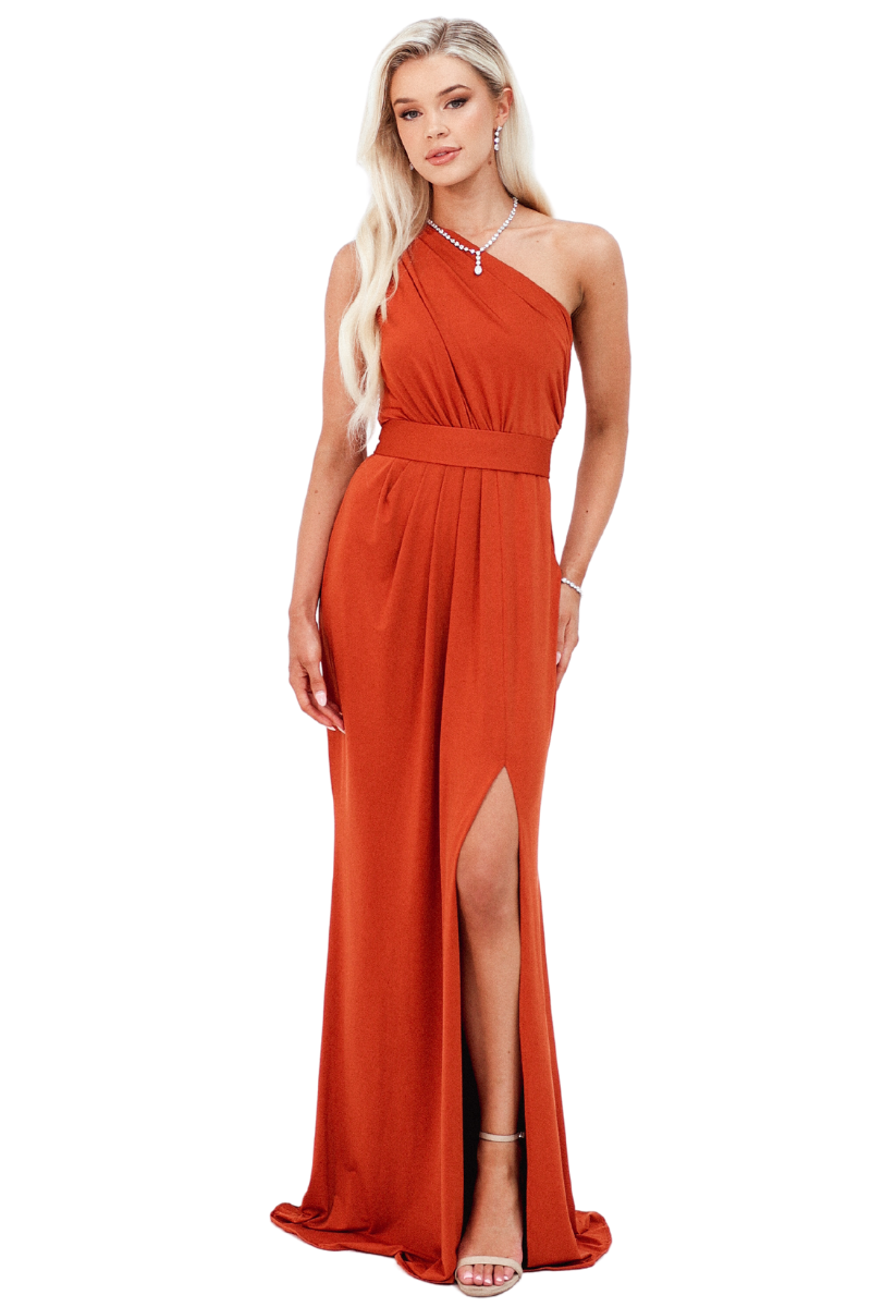 Pia Gladys Perey ROAN bridesmaid dress in silk jersey with asymmetrical neckline and leg slit, Brisbane to Gold Coast, Australia.