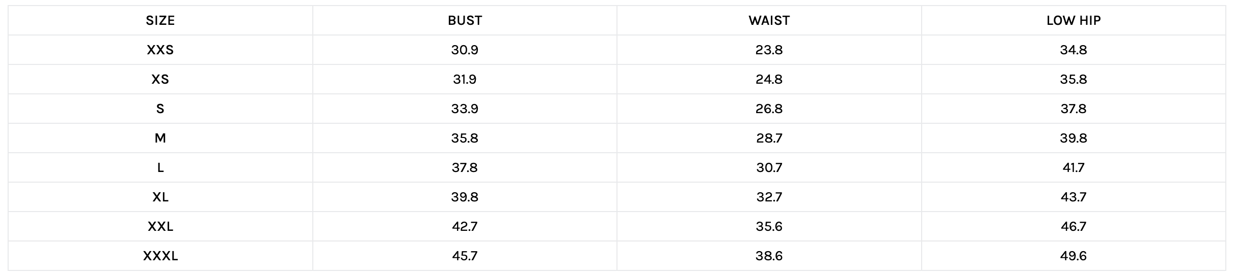Size chart for dresses showing measurements for bust, waist, and low hip from sizes XXS to XXXL.