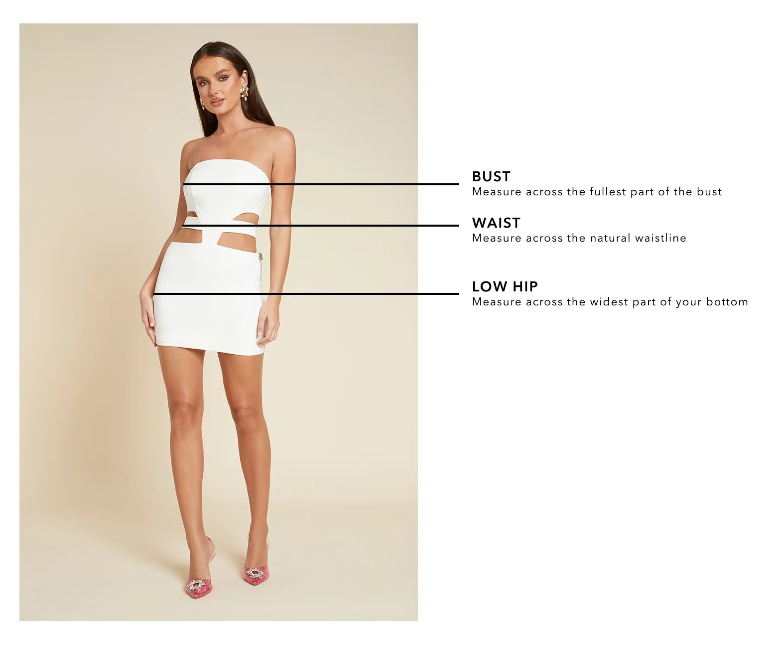 Woman in white strapless mini dress with side cutouts, standing next to measurement guide for bust, waist, and low hip. Fashion illustration.