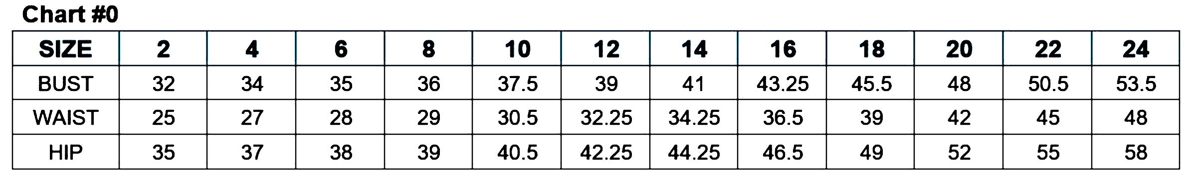 Size chart showing bust, waist, and hip measurements for dress sizes 2 to 24, ranging from bust 32 to 53.5 inches.