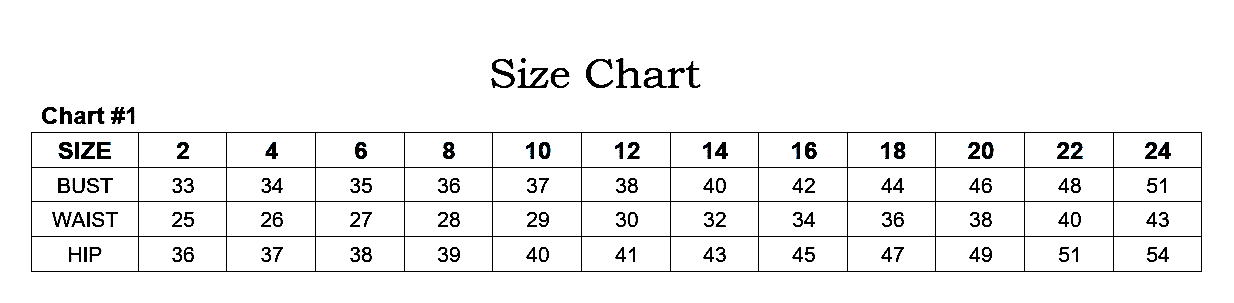 Size chart displaying measurements for bust, waist, and hip from sizes 2 to 24.