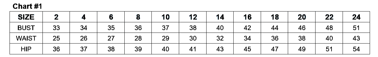 Women's dress size chart showing measurements for bust, waist, and hip in sizes 2 to 24.