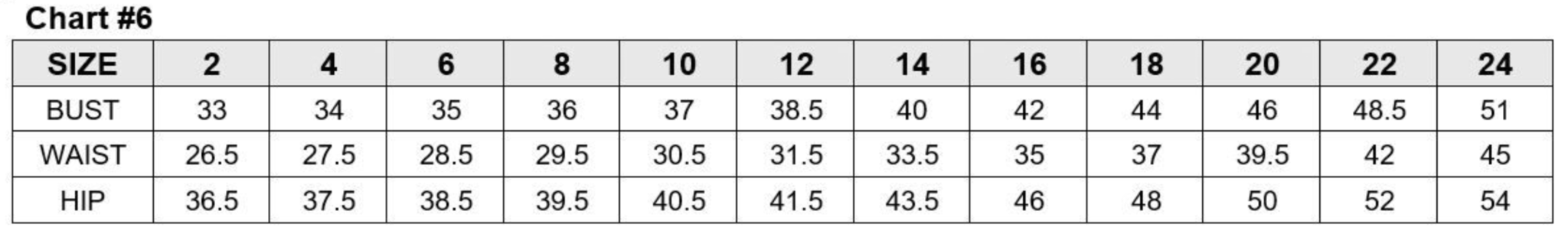 Size chart showing measurements for sizes 2 to 24; includes bust, waist, and hip measurements in inches.