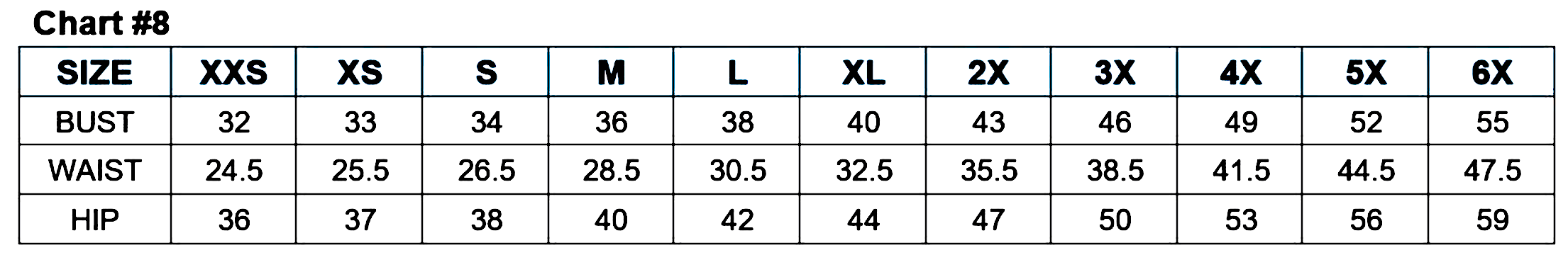 Size chart showing bust, waist, and hip measurements for sizes XXS to 6X.
