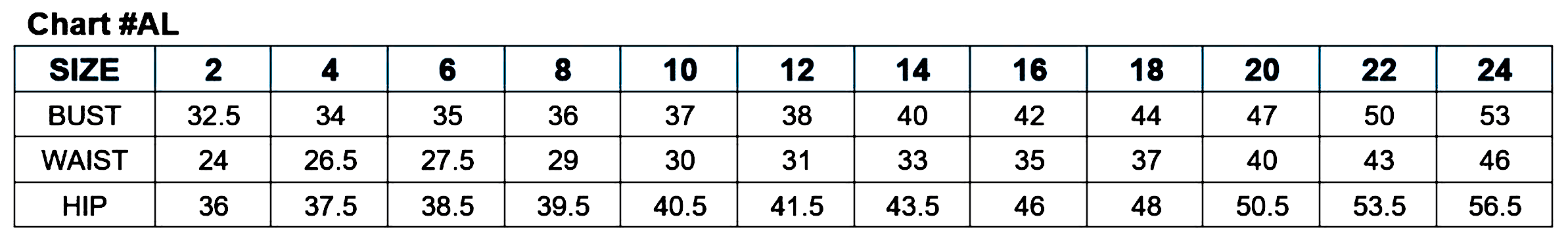 Women's size chart showing bust, waist, and hip measurements for sizes 2 to 24.