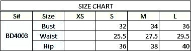 Size chart for BD4003 dress showing bust, waist, and hip measurements in inches for sizes XS to L.