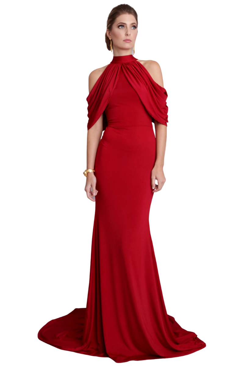 SADE Silk Jersey Mermaid Bridesmaid Dress with cold shoulder accents and sweep train evening gown, Brisbane to Gold Coast.