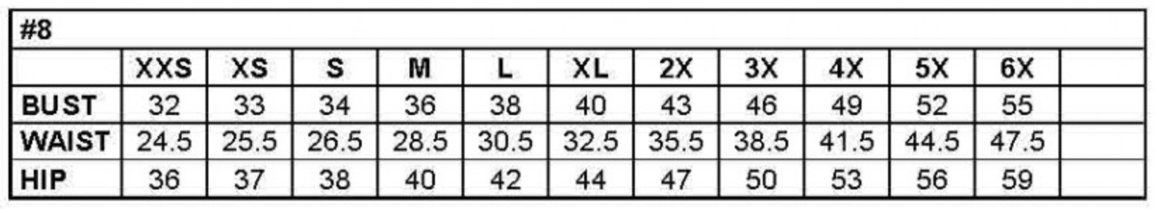 Size chart for women's clothing with bust, waist, and hip measurements ranging from XXS to 6X.